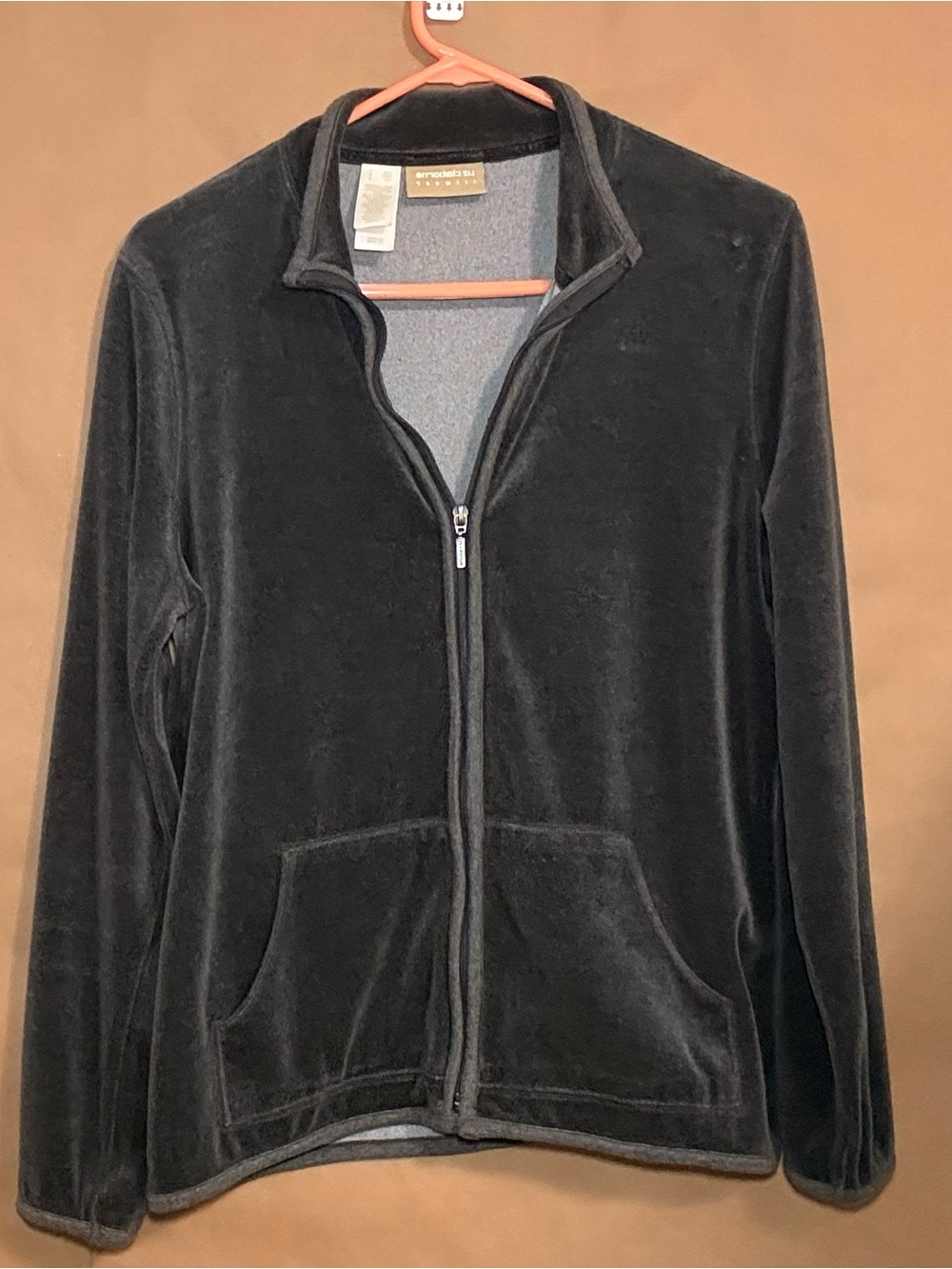 Liz Claiborne Lizwear Womens Large Dark Charcoal Grey Velour Full Zip Jacket